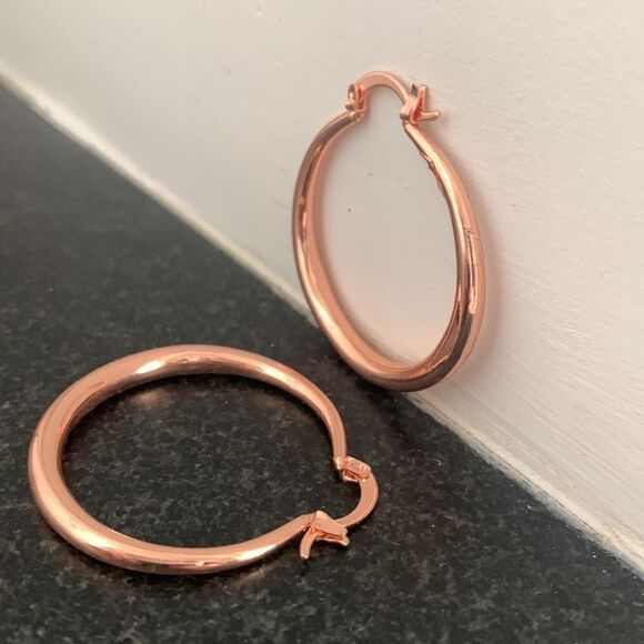 18K Rose Gold Plated Hoop Earrings Polished Large Round Tube Hoops Unisex Hoops - Picture 8 of 10